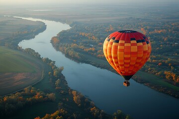 Bright hot air balloon floating over a scenic river valley at sunrise