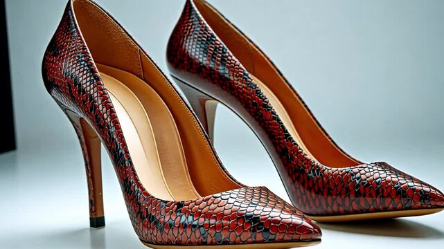 A pair of elegant high heels featuring a striking red and black snakeskin pattern is showcased against a minimalistic background. These shoes represent luxury and fashion appeal for shoppers.