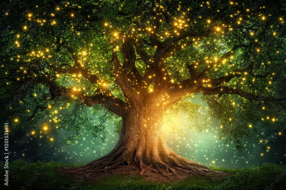 Poster ethereal tree in a peaceful forest with soft glowing lights illuminating the mystical environment at
