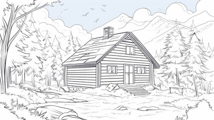A simple cabin surrounded by trees and mountains, illustrating a serene natural landscape.