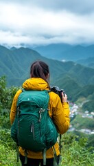 Woman Hiker in Yellow Jacket with Green Backpack Enjoys Scenic Mountain View and Captures the Moment