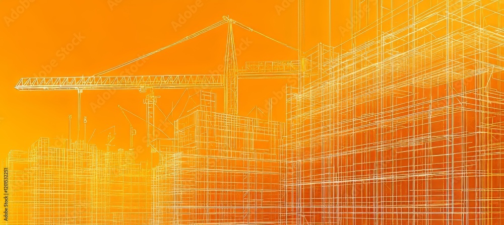 Poster vibrant construction scene dynamic cranes and scaffolding patterns in bright yellow hue