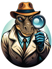 A stegosaurus detective in a stylish trench coat and fedora, standing with a magnifying glass in a crime scene. © makyas