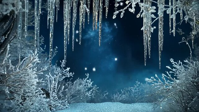 Enchanting winter night scene with icicles, snow, and mystical atmosphere.