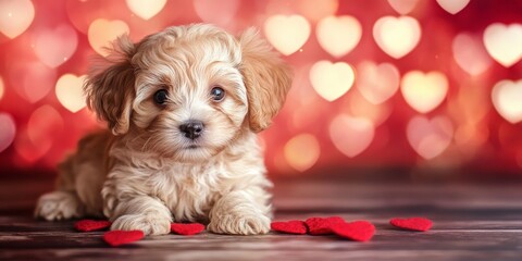 A cute puppy in front of a background filled with small red and pink hearts. The heart motif adds a lovely, romantic touch, ideal for Valentine’s Day designs or other affectionate themes, copy space 