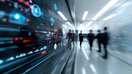 Data center corridor; employees review digital display; future technology background; stock photo