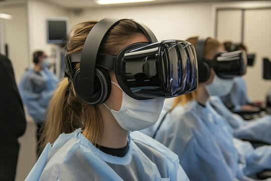 Employees engaging in virtual reality training simulations for innovative learning experiences in medical and industrial fields