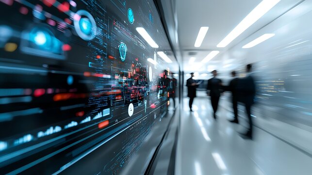 Data center corridor; employees review digital display; future technology background; stock photo