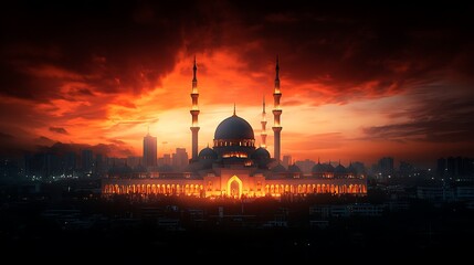 Obraz premium Majestic Mosque Sunset Cityscape, Dramatic Sky, Peaceful Evening, Religious Architecture, Stock Photo