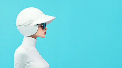 Vintage futurism fashion surreal style. Stylish mannequin wearing a white hat and sunglasses against a blue background.