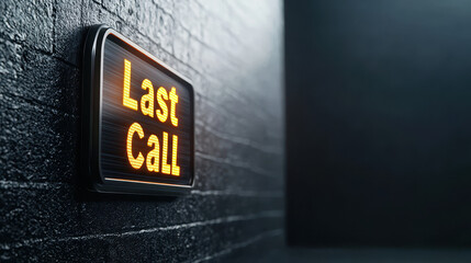 Last call sign illuminated on dark wall, signaling urgency and departure