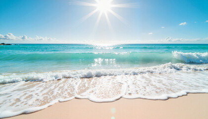 Serene turquoise waves cresting on a sunny beach, tropical bliss