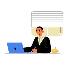 Businessman Working On Laptop In Flat Vector Illustration Symbolizing Productivity, Office Work, And Professionalism, Isolated On White Background.