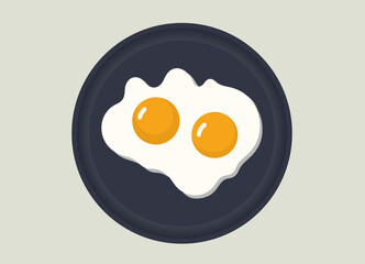 Two fried eggs on a black frying pan.