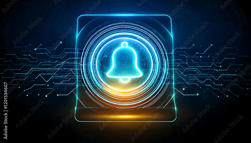 Poster stunning futuristic digital art depicting a glowing notification bell icon within a circuit board in