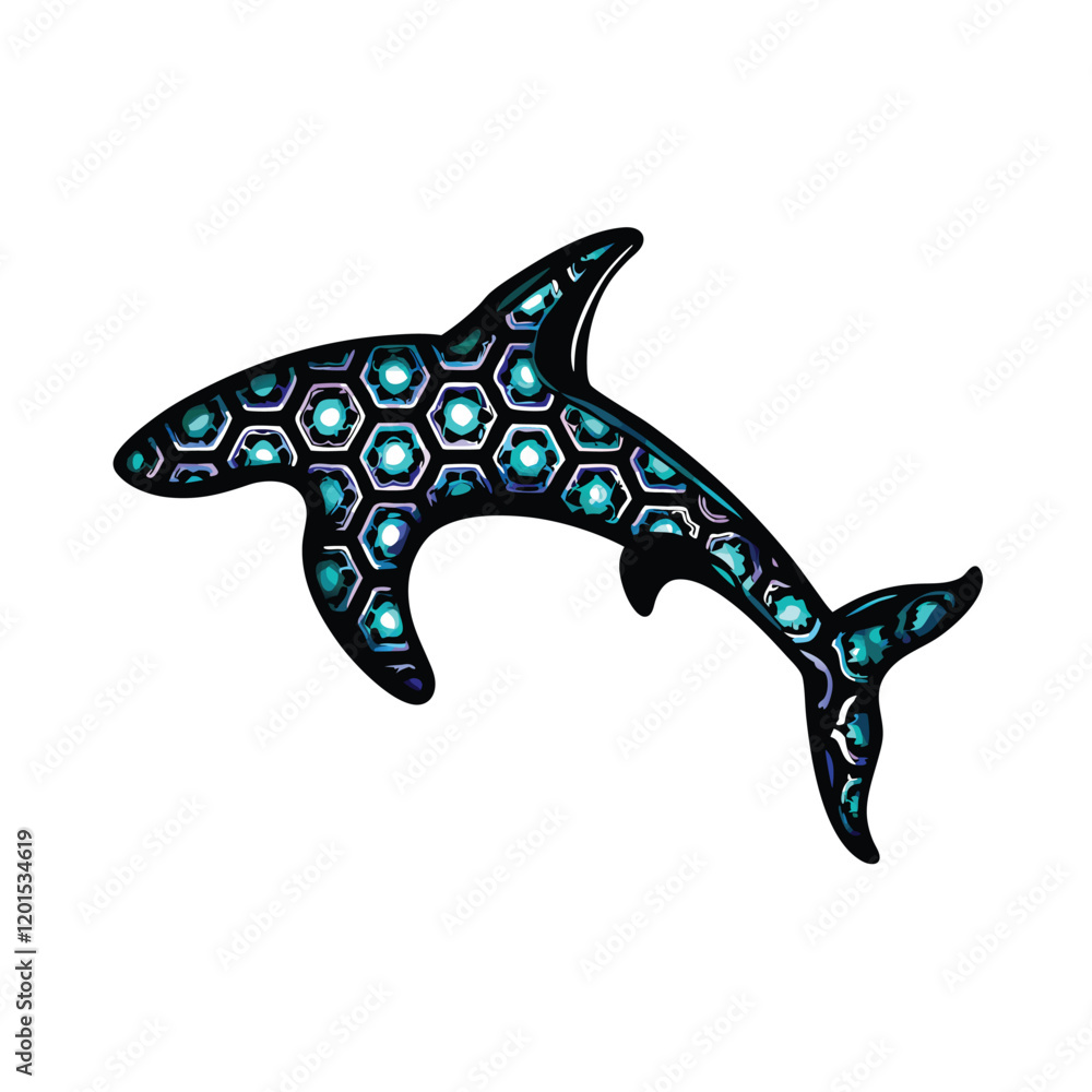 Poster a minimalist, geometric silhouette of a hammerhead shark with sharp angles and intricate patterns.