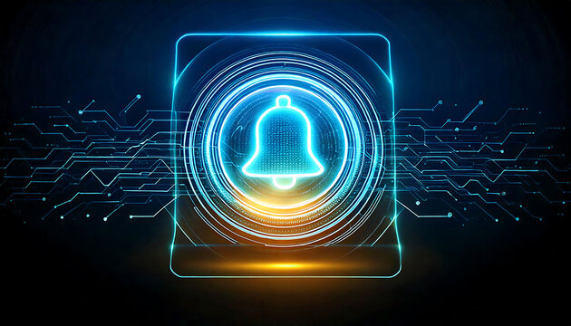 Stunning futuristic digital art depicting a glowing notification bell icon within a circuit board interface. Ideal for tech, communication, or notification-related projects.