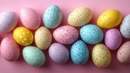 Obraz premium Colorful speckled Easter eggs on pastel pink background. Generative AI