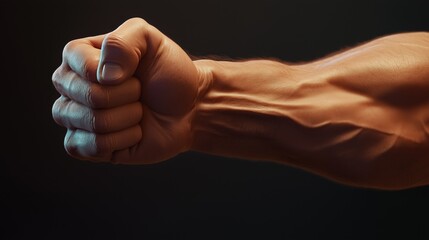 With veins and tendons clearly visible, the muscular arm flexes, the clenched fist a symbol of unwavering resolve and physical prowess.