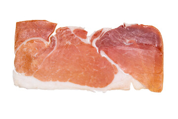 Top view of a thin slice of serrano ham isolated on a cutout PNG transparent background