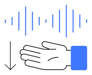 Minimalist design featuring a hand, blue sound waves, and a downward arrow. Ideal for themes of communication, technology, gesture control, user interface, sound design, interaction and innovation