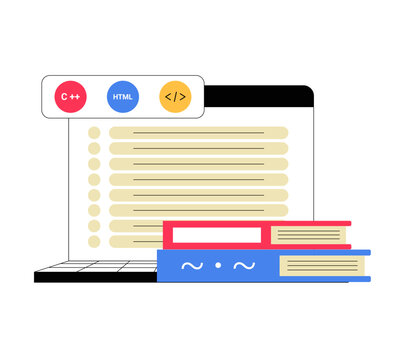 Open Laptop With Coding Languages And Books In Flat Vector Illustration Symbolizing Programming, Software Development, And Learning, Isolated On White Background