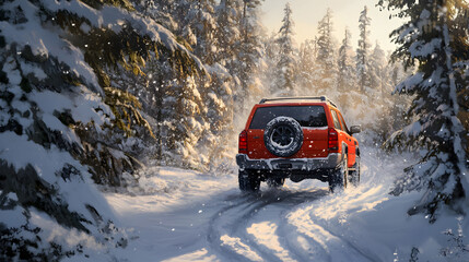 Red SUV driving through a snow-covered forest trail surrounded by pine trees, capturing the essence of winter adventure, off-road exploration, and outdoor travel in snowy landscapes.

