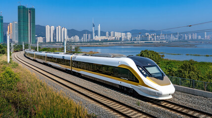 Naklejka premium High-speed train on scenic coastal route image.