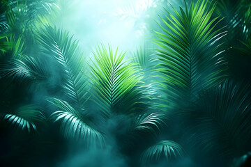 Lush Tropical Jungle with Fog and Light Streaming Through Dense Foliage