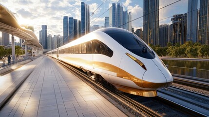 Fototapeta premium Futuristic train speeds past urban skyscraper skyline