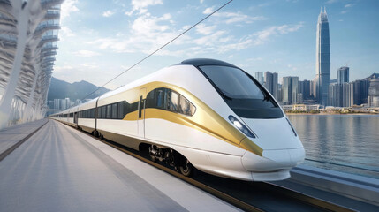 Naklejka premium Sleek high-speed train in modern vibrant cityscape
