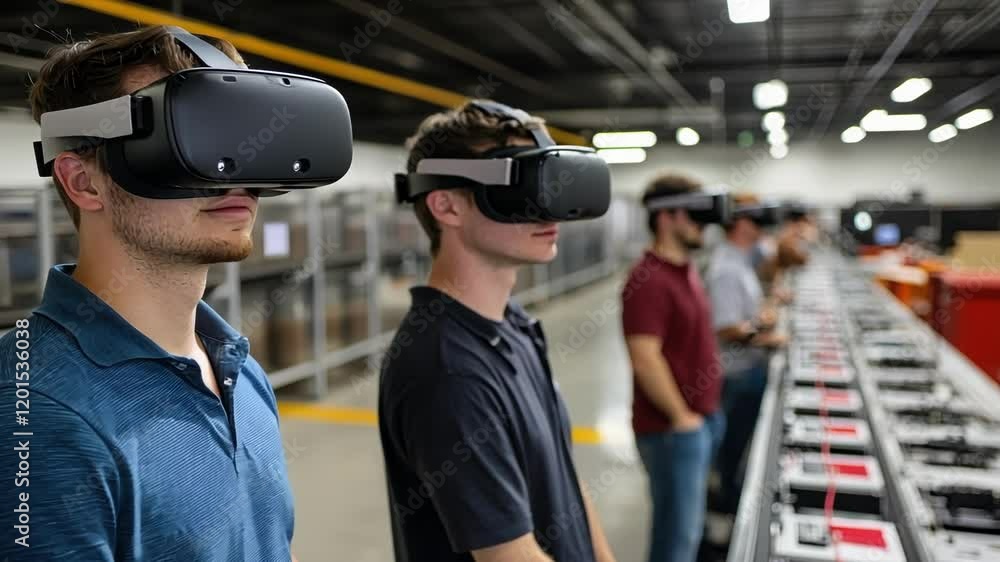 Poster employees donning vr headsets in a simulated training environment with visuals of a factory floor di