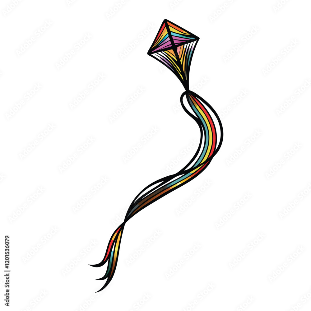 Poster a modern kite design with a vibrant gradient color trail, showcasing dynamic lines and geometric sha