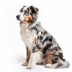 Fototapeta premium Beautiful merle australian shepherd dog sitting and looking up on a white background