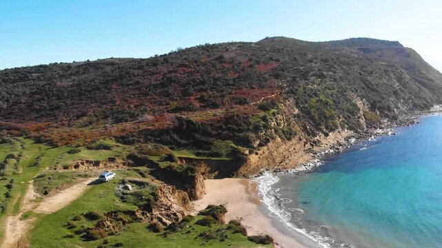 Porto Novo Beach, Zvernec, Vlore, Albania - Aerial Drone View of the Rocky Coastline