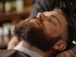 Obraz premium Man receiving beard shaping and grooming at a barber shop