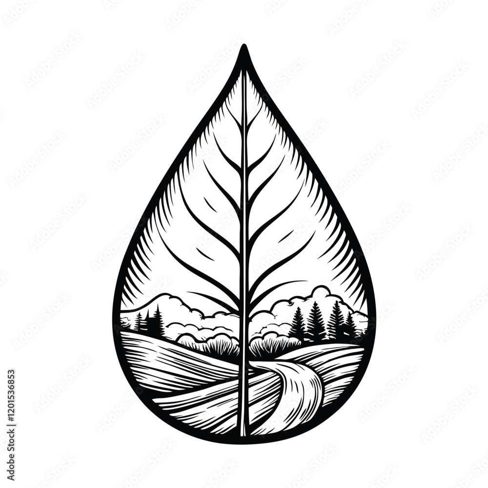 Poster a stylized leaf design with intricate veins forming a hidden landscape within its structure.