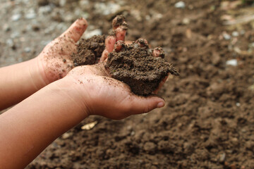 Close up Children's hands with soil. Children play in dirt or mud