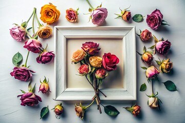 Still Life: Dead & Living Roses with Empty Frame, White Background