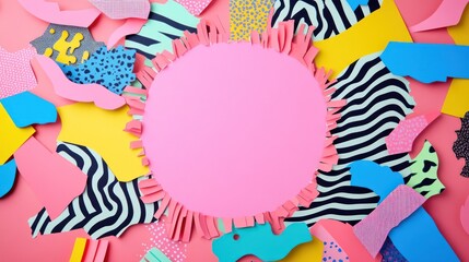 Pink circle frame surrounded by colorful abstract paper shapes.
