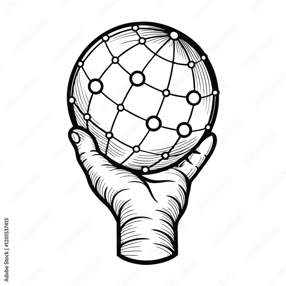 Poster a simple line art illustration of a hand holding a globe with interconnected lines emanating from it