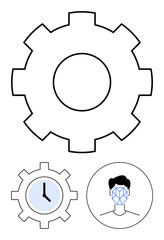Large gear with smaller clock-filled gear and face recognition outline. Ideal for technology, time, automation, AI, productivity, innovation, digital systems. Abstract line flat metaphor