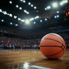 Close-up of a basketball resting on the parquet of an indoor court.