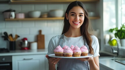 Confident pastry chef smiling and holding tray of delicious pink cupcakes in modern kitchen