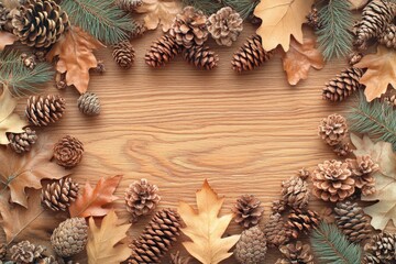 Fototapeta premium Autumn Frame Pine Cones Oak Leaves Wood Background Thanksgiving Fall