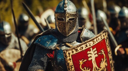 Obraz premium A medieval knight in gleaming armor holds a shield firmly, standing amidst fellow warriors as they prepare for battle in a vivid historical scene.