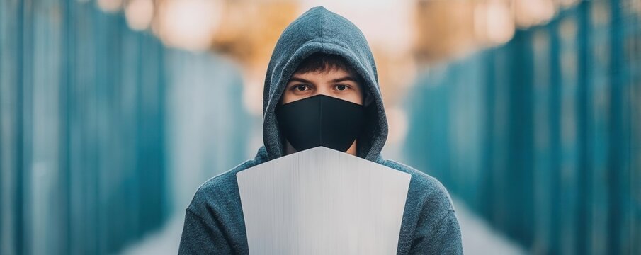 An image of a person holding a shield with Awareness written on it, defending against online hate speech