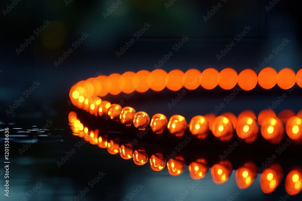 Poster circular arrangement of glowing bulbs radiating warm light reflected on a surface, creating a soothi