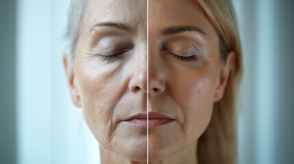 A side-by-side photo comparison: the left side shows an older woman with visible age lines and closed eyes, her skin appearing dry; the right side reveals a youthful, revitalized version of her, with 