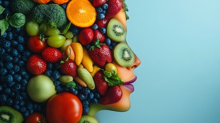 Portrait showcasing a face made of fresh fruits vegetables with a vibrant image promoting healthy eating.